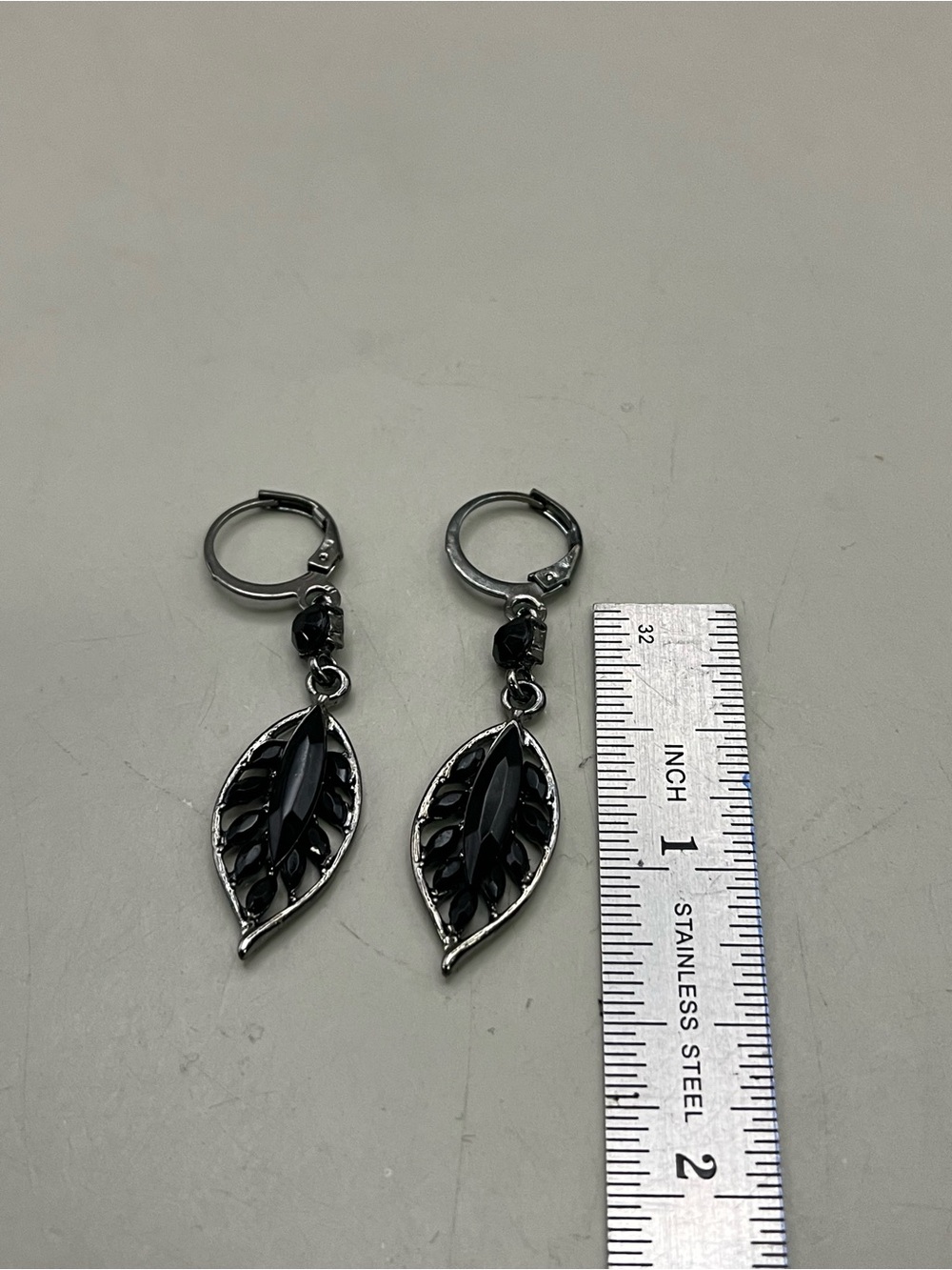 Y2K Gothic Black Rhinestone Leaf Dangle Earrings | Silver Tone Leverback Hoops - Picture 3 of 3
